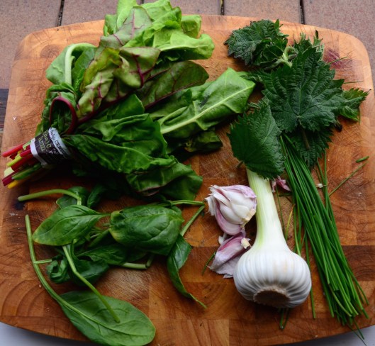 Spinach, chard, nettles, chives & wet garlic